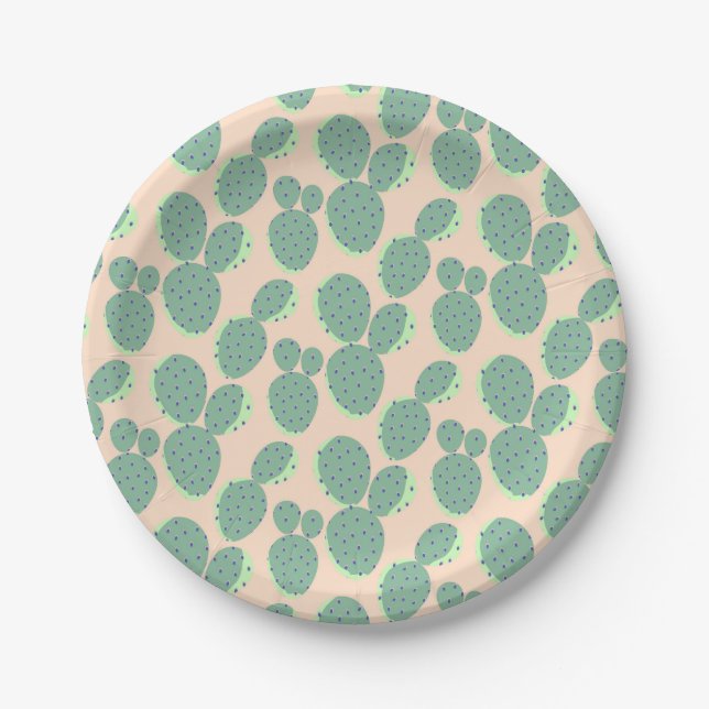 Green & Pink Cactus Pattern Paper Plate (Front)