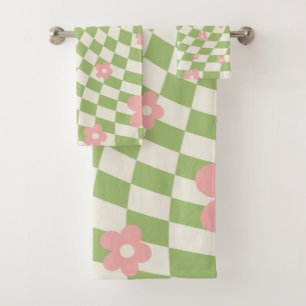 Green Pink Checkered Floral Bath Towel Set