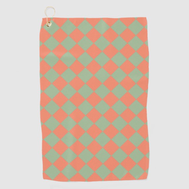 Green Pink Chequered Diamond Pattern Golf Towel (Front)