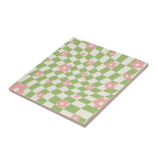 Green Pink Chequered Floral Ceramic Tile