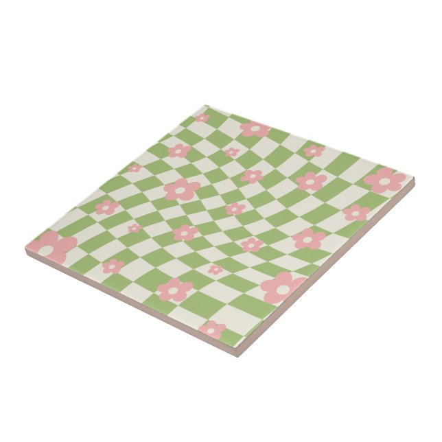 Green Pink Chequered Floral Ceramic Tile (Side)