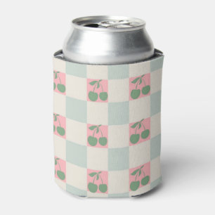 Green Pink Cherry Chequerboard Retro Fruit Checks  Can Cooler