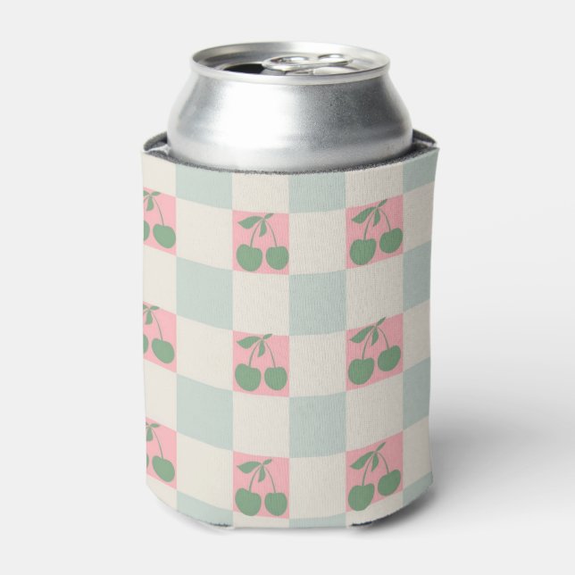 Green Pink Cherry Chequerboard Retro Fruit Checks  Can Cooler (Can Front)