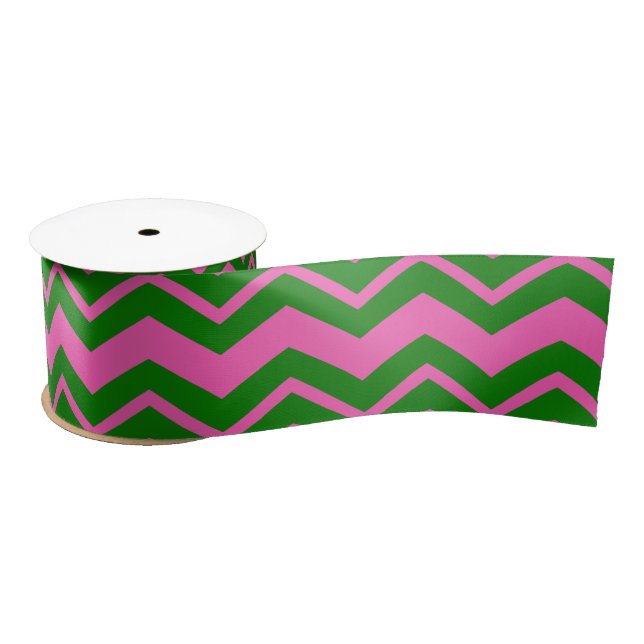 Green Pink Chevron Zigzag Design  Satin Ribbon (Spool)