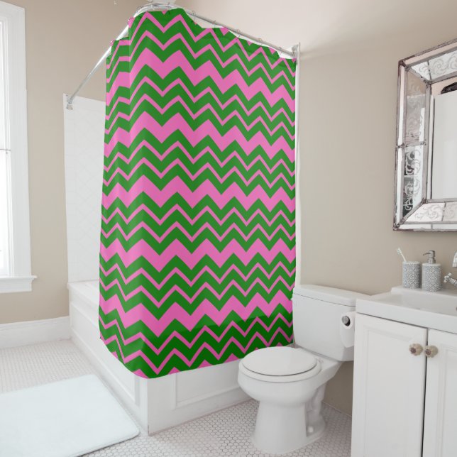 Green Pink Chevron Zigzag Design  Shower Curtain (In Situ)