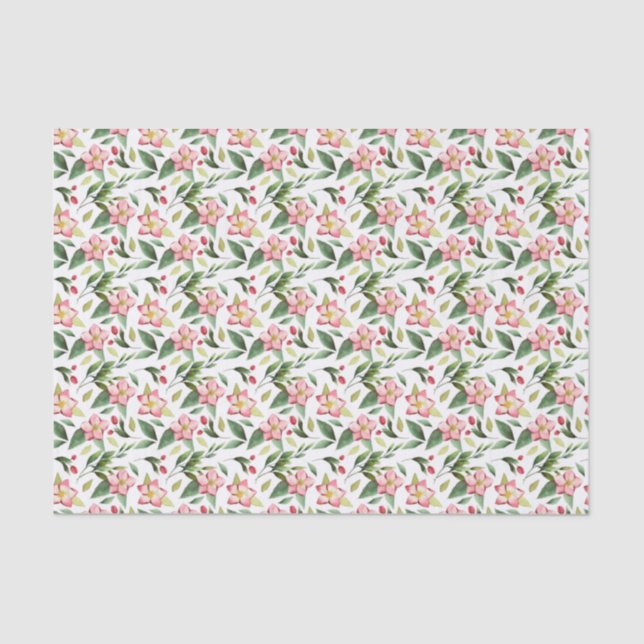 Green Pink Christmas Flowers Watercolor Tissue Paper (Front)