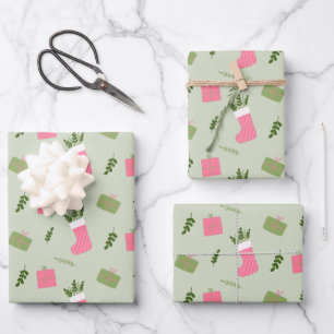 Green Pink Christmas Gift Stocking Pattern Wrapping Paper Sheet