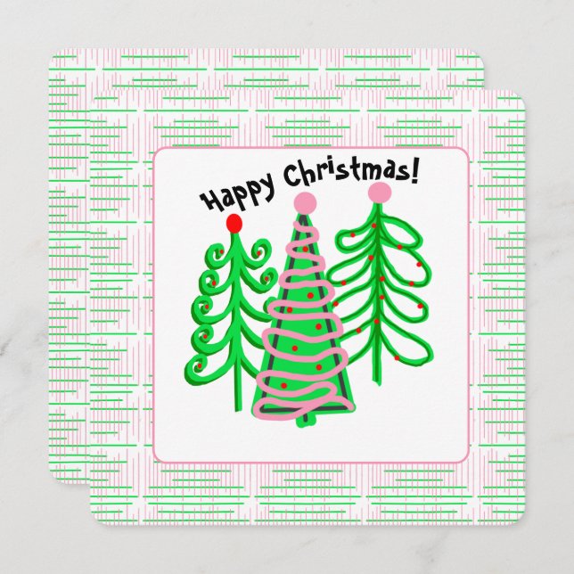 Green Pink Christmas Trees Invitation (Front/Back)