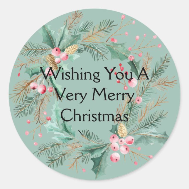 Green Pink Christmas Wreath Classic Round Sticker (Front)