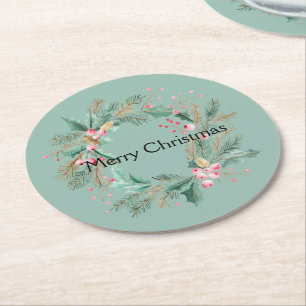 Green Pink Christmas Wreath Round Paper Coaster