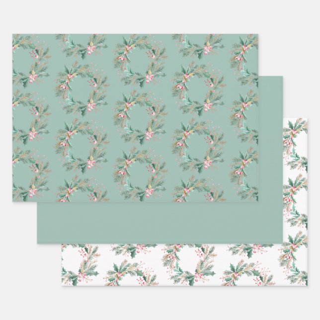 Green Pink Christmas Wreath Wrapping Paper Sheet (Set)