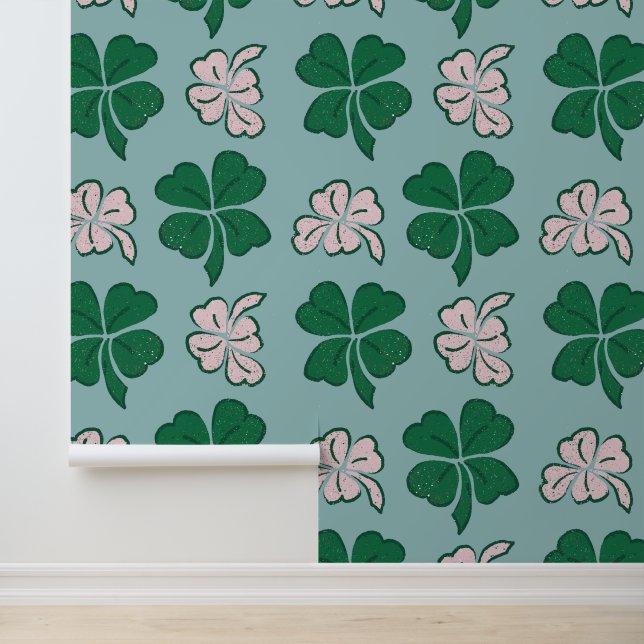 Green Pink Clover Shamrock Hand Drawn Pattern Wallpaper (Application)