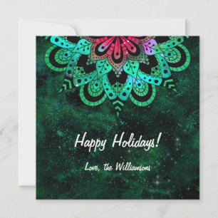 Green Pink Cosmic Mandala Christmas Holiday Card