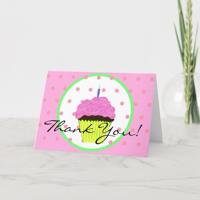 Green Pink Cupcake Polka Dots Birthday Thank You Card (Front)