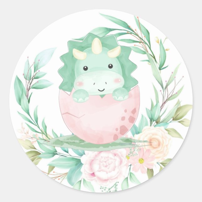 Green Pink Cute Dinosaur Baby Shower  Classic Round Sticker (Front)