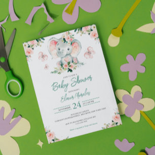 Green Pink Cute Floral Elephant Frame Baby Shower Invitation