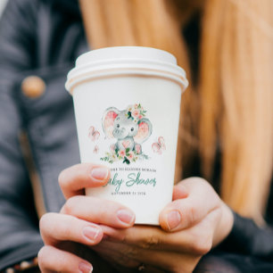 Green Pink Cute Floral Elephant Frame Baby Shower Paper Cups