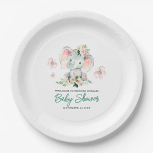 Green Pink Cute Floral Elephant Frame Baby Shower Paper Plate