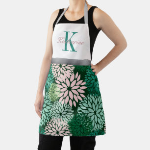 Green pink dahlia monogram custom name apron