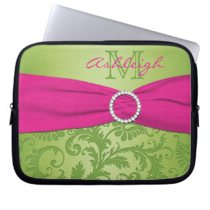 Green Pink Damask with FAUX Ribbon Laptop Sleeve