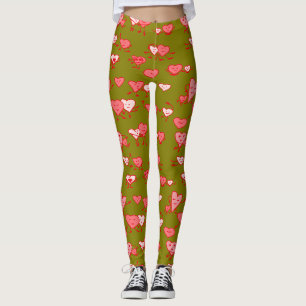 Green Pink Dancing Hearts LOving Couples Valentine Leggings