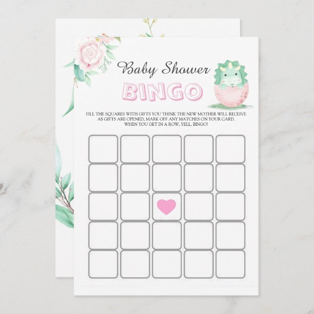 Green Pink Dinosaur Peony Baby Shower Bingo Card (Front/Back)