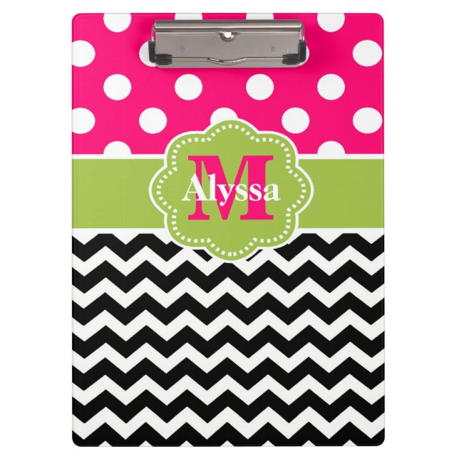 Green Pink Dots Chevron Personalised Clipboard (Front)