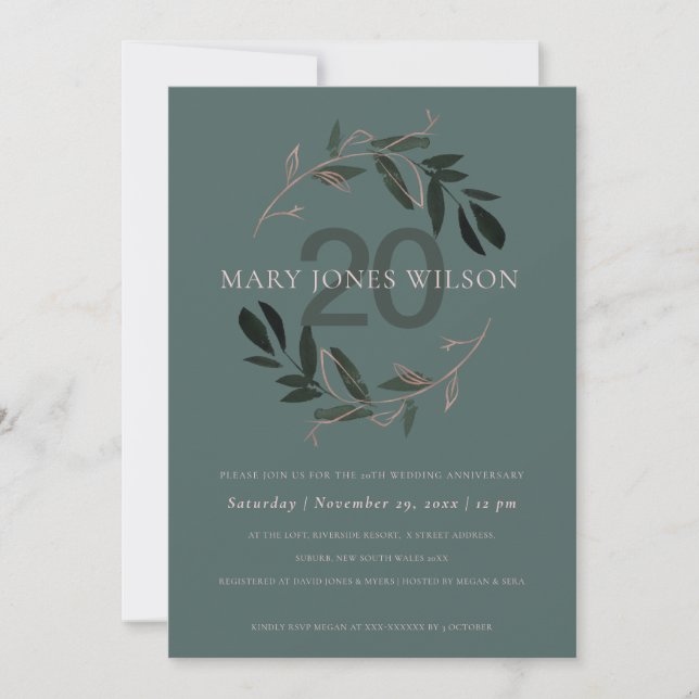 GREEN PINK FAUNA WREATH ANY YEAR ANNIVERSARY CARD (Front)