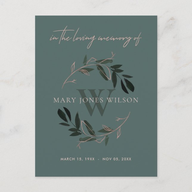 GREEN PINK FAUNA WREATH SYMPATHY MEMORIAL SERVICE INVITATION POSTCARD (Front)