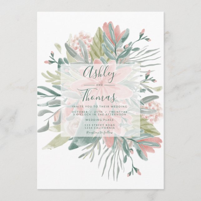Green pink floral botanical watercolor wedding invitation (Front)