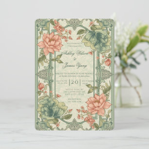 Green Pink Floral Botanical Wedding Invitation