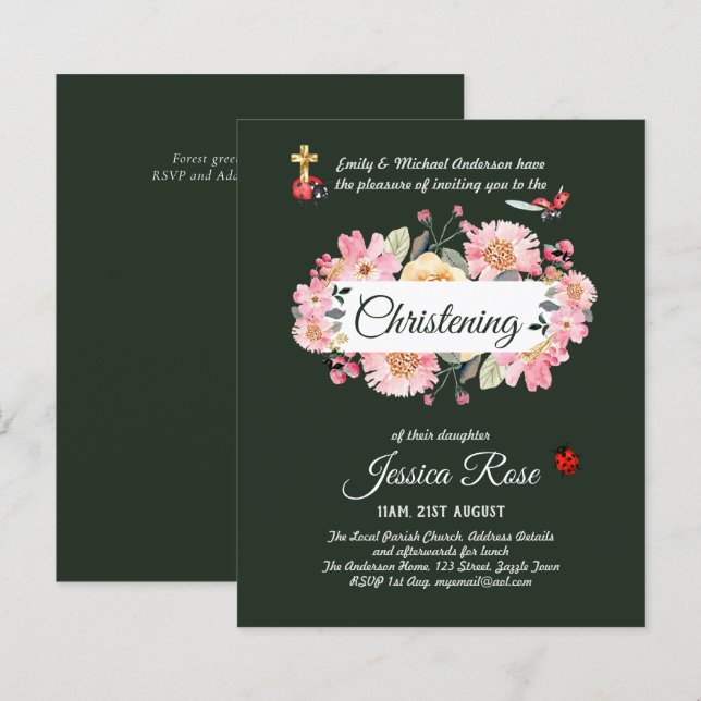 Green Pink Floral Christening Invites Baptism  (Front/Back)