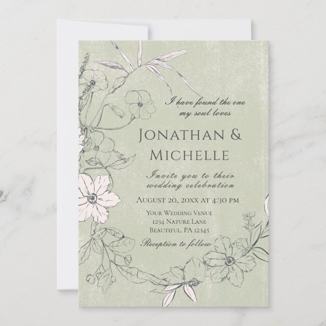 Green Pink Floral Garden Wreath Christian Wedding Invitation (Front)