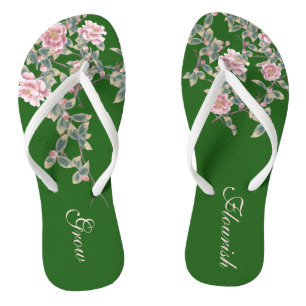 Green % Pink Floral Grow Flourish Quote Thongs