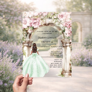 Green pink florals arch dress clear Sweet 16 Acrylic Invitations