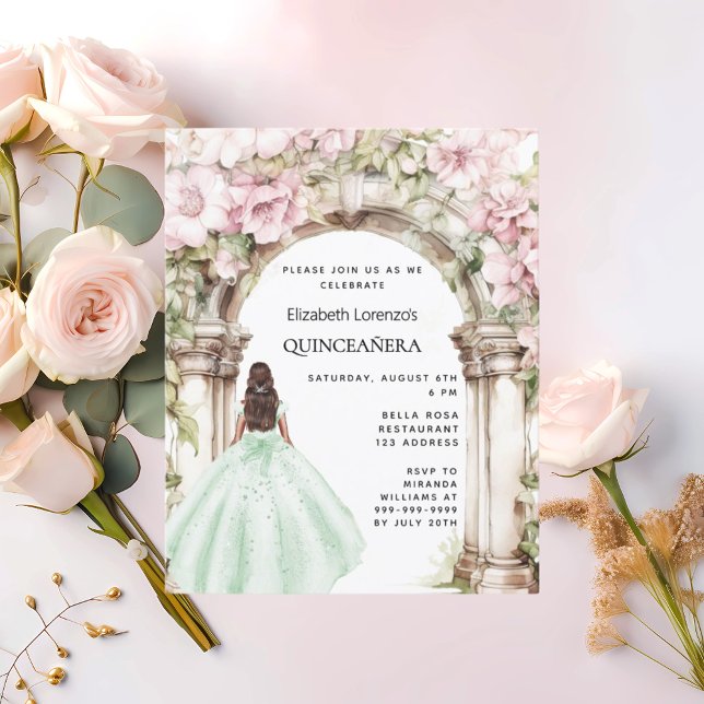 Green pink florals arch Quinceanera invitation (Creator Uploaded)