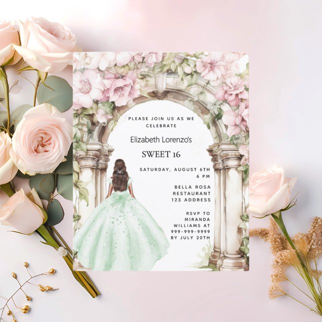 Green pink florals arch Sweet 16 invitation (Creator Uploaded)