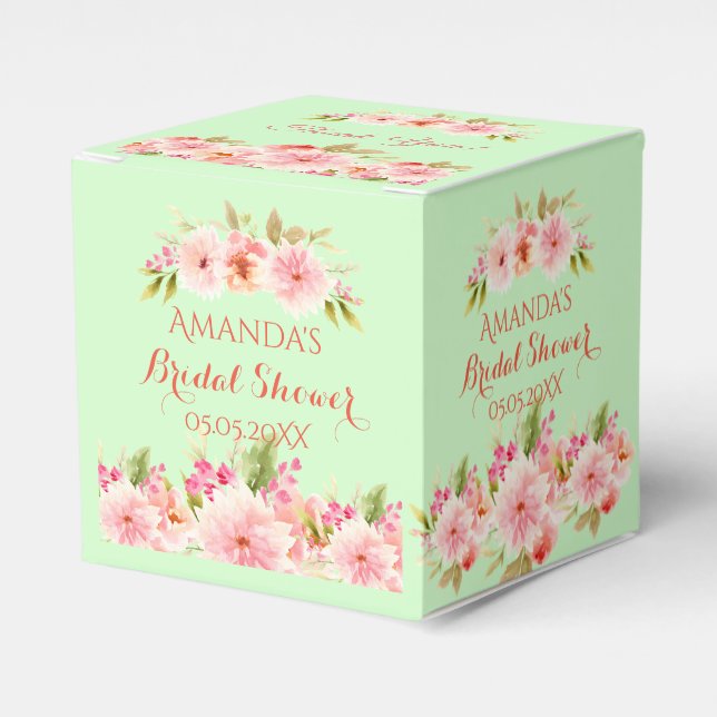 Green pink flowers bridal shower thank you favour box (Front Side)