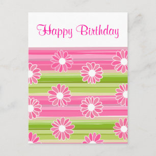 Green pink flowers stripes Happy Birthday Postcard