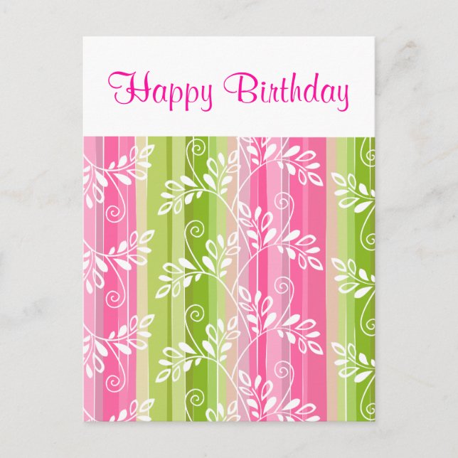 Green pink flowers stripes Happy Birthday Postcard (Front)