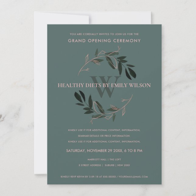 GREEN PINK FOLIAGE WREATH GRAND OPENING INVITE (Front)