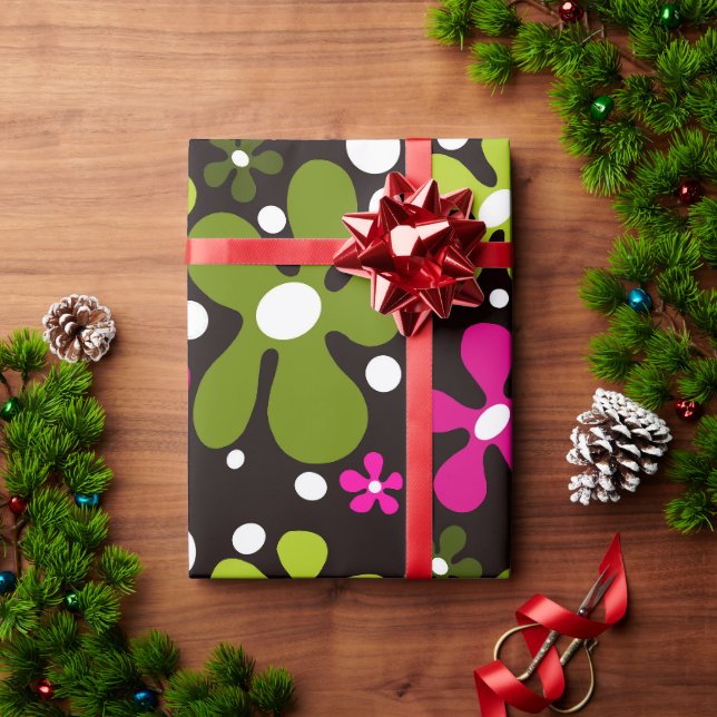 Green & pink funky flowers wrapping paper (Holiday Gift)