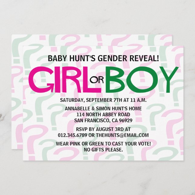 Green & Pink Gender Reveal Baby Shower Party Invitation (Front/Back)