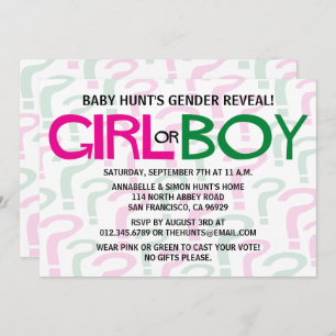 Green & Pink Gender Reveal Baby Shower Party Invitation