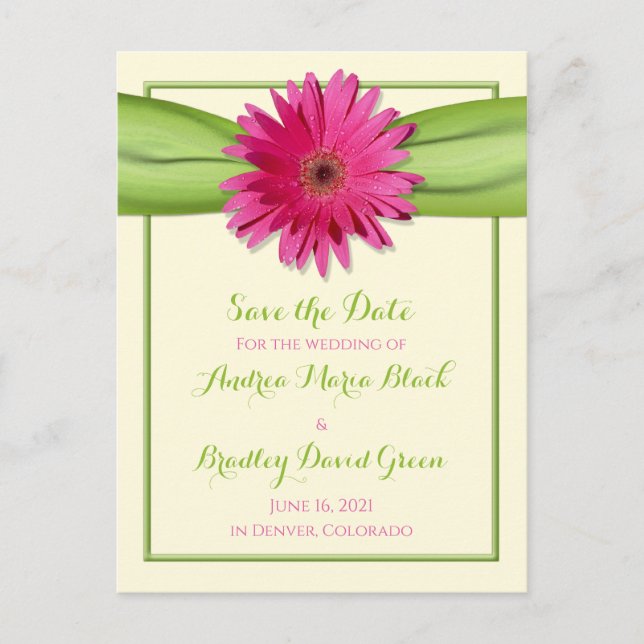 Green Pink Gerbera Daisy Wedding Save the Date Announcement Postcard (Front)