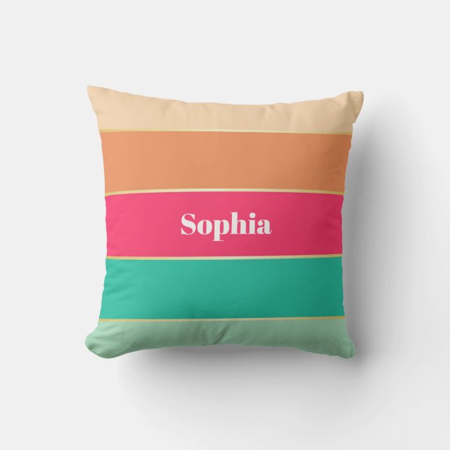 Green Pink Gold Custom Summer Colour Block Stripes Cushion (Front)