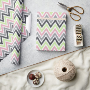 Green Pink Grey Zigzags Ikat Pattern Wrapping Paper