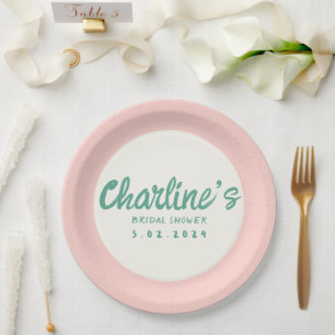 Green Pink Handwriting Retro Bridal Shower Paper Plate