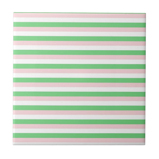 Green Pink Horizontal Stripe Pattern Ceramic Tile (Front)