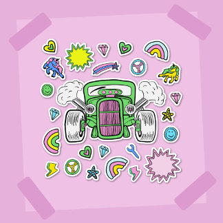 Green pink Hot Rod Car and Unicorn sticker sheet